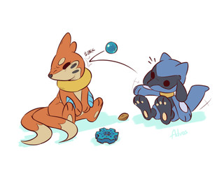 2_tails 3_fingers 3_toes ambiguous_gender anthro biped black_eyes blue_body blue_fur blue_tail countershade_torso countershading duo feet fingers front_view fur multi_tail nude nude_ambiguous nude_anthro orange_body orange_fur orange_tail pawpads paws simple_background sitting tail time_gear toes advos nintendo pokemon pokemon_mystery_dungeon spike_chunsoft buizel generation_4_pokemon pokemon_(species) riolu 2026 5:4 digital_drawing_(artwork) digital_media_(artwork)