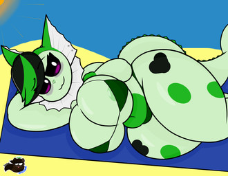 anthro areola areola_slip beach big_breasts bikini bikini_top black_eyes black_hair breasts clothing female green_areola green_body green_hair green_scales hair huge_breasts hyper hyper_breasts navel outline outside rug scales seaside simple_background smile solo stain sun swimwear thick_thighs two-piece_swimsuit raccoonuki nintendo pokemon fan_character eeveelution generation_1_pokemon pokemon_(species) vaporeon 2022 absurd_res character_request digital_media_(artwork) hi_res sketch