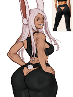 animal_ears animal_tail big_butt black_bottomwear black_clothing black_pants black_topwear bottomwear breasts butt butt_cleavage clothing dark_body dark_skin eyelashes female fur hair hand_on_hip long_hair looking_back pants rear_view red_eyes simple_background smile solo thick_thighs topwear white_background white_body white_fur white_hair wide_hips akeowi my_hero_academia rumi_usagiyama animal_humanoid humanoid lagomorph lagomorph_humanoid leporid_humanoid mammal mammal_humanoid rabbit_humanoid hi_res