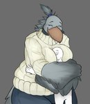 accessory ambiguous_gender anthro beak big_beak big_breasts breasts clothed clothing curvy_figure eyes_closed face_in_breasts feathers female grey_background grey_body grey_feathers hair_accessory hair_tie head_feathers huge_breasts larger_anthro larger_female mature_female nude orange_beak simple_background size_difference slightly_chubby smaller_ambiguous smaller_humanoid smile tail tail_feathers thick_thighs voluptuous voluptuous_anthro voluptuous_female wide_hips winged_arms wings seb_valenz sheila_(seb_valenz) avian bird humanoid pelecaniform shoebill hi_res