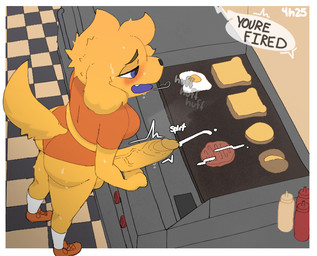 anthro appliance balls big_balls big_penis bodily_fluids bread breasts burger clothing cum cum_on_food egg erection food fried_egg fur genital_fluids genitals gynomorph huge_balls huge_penis humanoid_genitalia humanoid_penis hyper hyper_genitalia hyper_penis intersex ketchup kitchen_appliance mayonnaise open_mouth penis solo sweat tail tile toast unprofessional_behavior vein veiny_penis yellow_body yellow_fur yellowhighlite whiskey_(yellowhighlite) canid canine canis domestic_dog mammal
