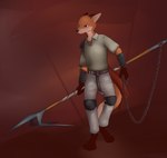 anthro male melee_weapon polearm solo spear weapon cdt2s canid canine fox mammal red_fox true_fox hi_res