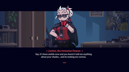 belt breasts clothed clothing dialogue eyewear female fingerless_gloves glasses gloves hair handwear horn inside looking_at_viewer not_furry short_hair solo spade_tail standing tail text text_on_clothing text_on_gloves text_on_handwear tied_hair white_hair krekk0v helltaker justice_(helltaker) demon horned_humanoid humanoid 16:9 english_text hi_res widescreen