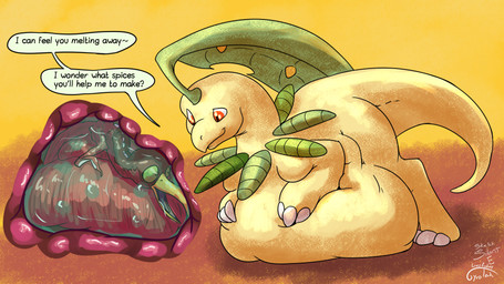 abdominal_bulge beak bodily_fluids death digestion facial_markings fatal_vore feathered_wings feathers feral feral_pred feral_prey gore green_eyes head_markings internal larger_pred male male_pred male_prey markings mask_(marking) organs recursive_vore size_difference stomach stomach_acid text vore wings gyrotech silent_e nintendo pokemon falvev_(pearion) fan_character thunk_(gyro) avian bayleef cramorant generation_2_pokemon generation_8_pokemon pokemon_(species) 16:9 english_text hi_res widescreen