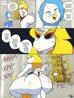 anthro beak between_buttocks big_butt biped blue_clothing blue_hair bulge butt clothed clothing crouching dialogue duo eyelashes female hair horn huge_butt male male/female male_dominating_female male_focus pupils red_clothing smile speech_bubble text thick_thighs white_body tansau mythology equid equine mammal mythological_creature mythological_equine unicorn comic english_text hi_res