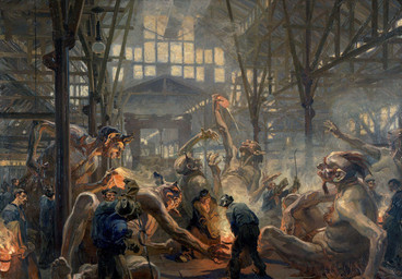 ambiguous_gender beard clothing crucible_(object) denim denim_clothing detailed_background facial_hair factory fin fire foundry group hat head_fin headgear headwear horn industrial_architecture inside leather leather_clothing male molten_metal pointy_ears protective_gear red_body red_skin sitting standing tongs tools heinrich_kley krupp_ag demon human humanoid mammal 1914 20th_century ancient_art formal_art hi_res painting_(artwork)