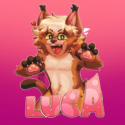 anthro badge big_ears blush brown_body brown_fur ear_tuft fur gradient_background hair head_tuft heart_symbol male male/male multicolored_body multicolored_fur nails open_mouth pawpads paws pink_background simple_background solo tan_body tan_fur tongue tongue_out tuft jayfr_f lucaowoo caracal caracal_(genus) felid feline mammal 1:1 hi_res