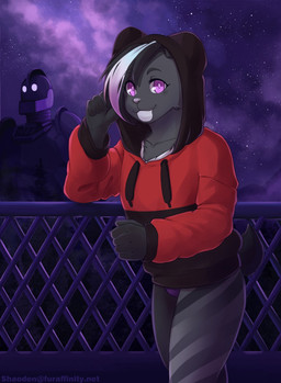 5_fingers anthro balcony clothing duo femboy fingers fur hair hoodie leg_markings machine male markings multicolored_body multicolored_fur multicolored_hair night pink_clothing pink_eyes pink_underwear plant red_clothing red_hoodie red_topwear short_tail sky star tail topwear tree underwear walking shaoden the_iron_giant bjorn_(glazie) the_iron_giant_(character) bear humanoid mammal robot hi_res watermark