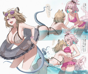 accessory animal_ears bent_over big_breasts black_nails blush bodily_fluids bra bracelet breasts buoy clothing collarbone colored_nails cute_fangs eyewear eyewear_on_head face_in_breasts fangs female female_humanoid fluffy_ears grey_hair hair hair_accessory hair_between_eyes hug jewelry multicolored_hair nails narrowed_eyes navel open_mouth partially_submerged pattern_bra pattern_clothing pattern_topwear pattern_underwear pink_clothing pink_eyes pink_swimwear pointy_ears prick_ears purple_hair raised_tail short_hair simple_background speech_bubble striped_bra striped_clothing striped_topwear striped_underwear stripes sunglasses sunglasses_on_head surprised sweat swimwear tail teeth text topwear two_tone_hair underwear wearing_sunglasses white_background uof arknights hypergryph studio_montagne kirara_(arknights) utage_(arknights) animal_humanoid aquatic aquatic_humanoid cephalopod cephalopod_humanoid felid felid_humanoid feline feline_humanoid humanoid mammal mammal_humanoid mollusk mollusk_humanoid octopus_humanoid absurd_res hi_res japanese_text translation_check translation_request