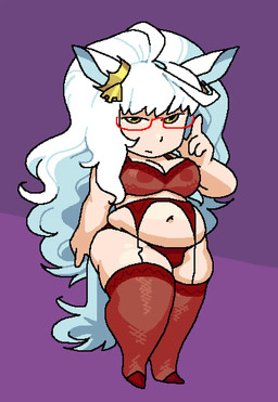 accessory ahoge bangs belly big_breasts bra breasts chibi cleavage clothed clothing curly_hair eyewear female garter glasses hair hair_accessory half-rim_glasses horse_ears horse_tail legwear lingerie long_hair navel nipples_through_clothes panties red_clothing simple_background slightly_chubby solo squish thigh_highs thigh_squish translucent translucent_clothing underwear white_hair yellow_eyes sarahsuccubus animal_humanoid equid equid_humanoid equine equine_humanoid humanoid mammal mammal_humanoid aliasing digital_media_(artwork)