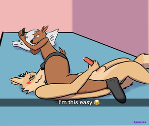 anthro bed blush blush_lines bodily_fluids clothing duo electronics furniture genital_fluids humor looking_at_object looking_at_phone male male/male masturbation phone precum sniffing sniffing_clothes underwear underwear_sniffing ravalska poro_alska rav_alska hi_res meme