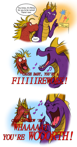 blush claws dialogue duo feral horn male male/male open_mouth purple_body purple_eyes red_body red_eyes singing smile teeth text roxasfin activision mythology spyro_the_dragon flame_(spyro) spyro dragon mythological_creature mythological_scalie scalie comic english_text hi_res