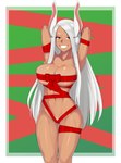animal_ears big_breasts border breasts dark_body dark_skin eyelashes female front_view fur gift_wrapped green_background hair hands_behind_head holidays long_hair looking_at_viewer navel pube_peek pubes red_background red_eyes simple_background smile solo thick_thighs white_body white_border white_fur white_hair white_pubes wide_hips ravenrine christmas my_hero_academia rumi_usagiyama animal_humanoid humanoid lagomorph lagomorph_humanoid leporid_humanoid mammal mammal_humanoid rabbit_humanoid absurd_res hi_res