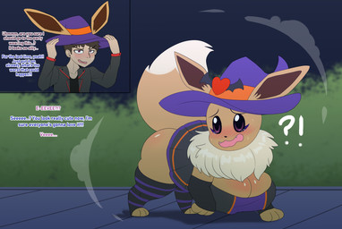 before_and_after big_breasts blush bodily_fluids breast_growth breasts brown_body brown_fur busty_feral clothing costume costume_transformation dialogue dress female feral fluffy fur gender_transformation growth hat headgear headwear heart_symbol human_to_feral instant_transformation interrobang legwear looking_at_viewer loss_of_speech male mtf_transformation night nipple_outline offscreen_character open_mouth outside pattern_clothing pattern_legwear pattern_stockings plant pokemon_speak solo species_transformation stockings striped_clothing striped_legwear striped_stockings stripes surprised tail tail_growth tears text transformation transformative_clothing transformative_hat witch_hat flybeeth instant_loss_2koma nintendo pokemon canid eevee generation_1_pokemon human mammal pokemon_(species) 2024 absurd_res digital_media_(artwork) english_text hi_res
