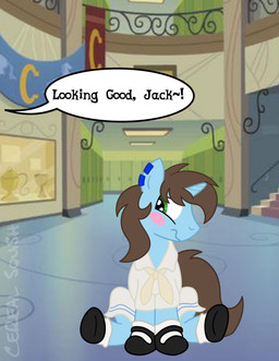 brown_hair clothed clothing crossdressing ear_piercing embarrassed feral front_view green_eyes hair horn male piercing screencap screencap_background sitting solo speech_bubble text cereal_squish hasbro my_little_pony mythology fan_character equid equine mammal mythological_creature mythological_equine unicorn 2025 compression_artifacts english_text hi_res