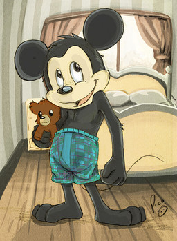 anthro bed black_body black_ears black_fur black_nose blue_bottomwear blue_clothing bottomwear clothed clothing front_view fur furniture glistening glistening_eyes glistening_nose head_tuft inside logo male male_anthro open_mouth open_smile plushie smile solo tan_body teddy_bear topless tuft underwear pandapaco disney mickey_mouse mammal mouse murid murine rodent artist_logo full-length_portrait portrait signature