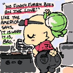 ambiguous_anthro ambiguous_gender anthro beef biped black_text blush bottomwear clothed clothed_ambiguous clothed_anthro clothing detailed_background dialogue electronics exclamation_point eyelashes eyes_closed food fully_clothed fully_clothed_ambiguous fully_clothed_anthro fur green_hair grey_bottomwear grey_clothing grey_pants grill hair hand_on_hip headgear headwear holding_object holding_spatula holding_tool meat multicolored_body multicolored_fur pants pockets red_clothing red_shirt red_topwear shirt solo spatula squigglevision standing tail text tied_hair tools topwear uniform walkie-talkie yellow_body yellow_fur yellow_tail ligma_(artist) jewelpet sanrio sega_fave peridot_(jewelpet) canid canine canis domestic_dog mammal papillon toy_dog 1:1 2026 animated archived_source digital_drawing_(artwork) digital_media_(artwork) english_text handwritten_text wigglypaint_(artwork) female_(lore)