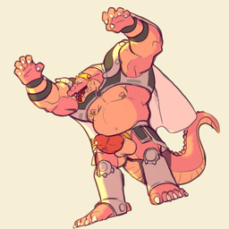 accessory anthro barazoku belly cape clothing cock_ring erection flexing genital_piercing genitals harness jewelry looking_at_viewer male musclegut muscular muscular_anthro muscular_male penis penis_accessory penis_jewelry penis_piercing piercing pink_body prince_albert_piercing simple_background white_background rickleone dragon_quest square_enix crocodine scalie hi_res