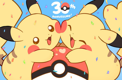30th_anniversary anniversary blue_background confetti duo eyes_closed nuzzling open_mouth open_smile pokeball simple_background smile tail text yellow_body yellow_tail pokey_(pixiv) nintendo pokemon pokemon_day generation_1_pokemon pikachu pokemon_(species) english_text