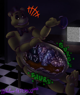 abdominal_bulge anthro anthro_pred belly big_belly bodily_fluids bow_tie clothing duo fur hand_on_belly hat headgear headwear huge_belly human_prey internal machine male male_pred organs rumbling_stomach same_size_vore stomach stomach_acid top_hat vore yellow_body yellow_fur bythepowerofduskull five_nights_at_freddy's scottgames golden_freddy_(fnaf) animatronic bear human mammal robot hi_res