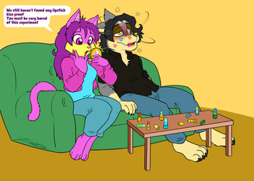 anthro barefoot blush dizzy duo feet female kiss_mark kissing lipstick love makeup male male/female romantic romantic_couple zooshi raymar_(character) zooshi_(character) canid canine canis domestic_cat felid feline felis mammal wolf absurd_res hi_res meme