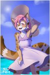 anthro beach big_ears blush border clothed clothing dress femboy fur hair inner_ear_fluff long_tail male pink_eyes pink_hair seaside smile solo spots sundress tail tan_body tan_fur tuft white_body white_border white_fur gamma052 avery_(roanoak) felid feline lynx mammal hi_res