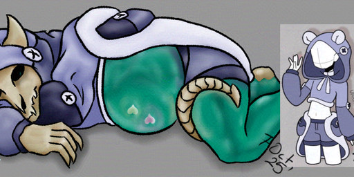 ambiguous_gender anthro bone clothing costume ectobody lying on_front pregnant skeleton skull skull_head solo soul tail zeryxis humanoid monster