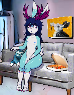 ambiguous_gender anthro antlers blue_body blue_hair choker clothing femboy footwear furniture hair horn jewelry male necklace socks sofa solo thick_thighs rubber2d aj_jackalope jackalope lagomorph leporid mammal rabbit hi_res