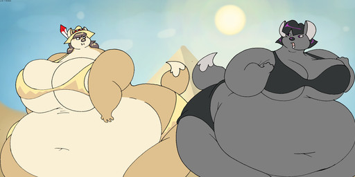 anthro belly big_belly big_breasts big_butt black_hair bottomwear bra breasts brown_hair butt clothing deep_navel duo fat_arms female fur grey_body grey_fur hair hat headgear headwear huge_belly huge_breasts huge_butt huge_thighs light morbidly_obese morbidly_obese_anthro morbidly_obese_female multicolored_body multicolored_fur navel obese obese_anthro obese_female open_mouth overweight overweight_anthro overweight_female panties pyramid sand sun sunlight tan_body tan_fur thick_thighs topwear two_tone_body two_tone_fur underwear virus-20 aziza_jackal june_coyote canid canine canis coyote jackal mammal 2024 digital_media_(artwork) hi_res