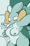 1upgobbo anthro blue_nipples blush blush_lines breasts female furniture generation_3_pokemon genitals hand_on_breast hi_res holding_breast kay_(1upgobbo) mudkip nintendo nipples no_pupils nude pokemon pokemon_(species) pussy selfie solo