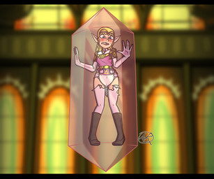 black_bars blonde_hair blue_eyes blush boots castle clothing crown crystal diaper exposed exposed_diaper female footwear gold_accessory hair hands_on_glass hands_on_wall headgear humiliation not_furry open_mouth pointy_ears princess royalty shoes solo torn_clothing trapped triforce_symbol atlas196 nintendo the_legend_of_zelda princess_zelda hylian 6:5 absurd_res hi_res letterbox