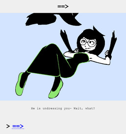 arm_grab black_clothing black_hair black_legwear black_stockings buckteeth clothed clothing dress eyewear female flats_(shoes) footwear glasses green_clothing green_footwear green_shoes hair human_only legwear nervous not_furry pinned pinned_arms pinned_to_ground pixelated restrained shoes simple_background solo stockings surprised teeth text undressing undressing_another undressing_spell white_body uglycoal homestuck ms_paint_adventures bec_noir jade_harley human mammal animated animated_comic comic digital_drawing_(artwork) digital_media_(artwork) english_text hi_res shaded simple_shading