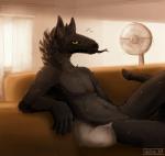 anthro black_body black_fur black_scales bodily_fluids electric_fan featureless_crotch fur fur_and_scales furniture hair male nude oscillating_fan pillow rattle_(anatomy) scales sofa solo sweat tongue tongue_out flugeldog fallout microsoft fan_character firexuz_(firexuz) canid canine canis coyote hybrid mammal night_stalker_(fallout) pit_viper reptile scalie snake viper 2019 digital_media_(artwork) hi_res