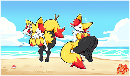 annoyed anthro bent_over big_butt black_body black_fur border breasts butt cheek_tuft cleavage clothed clothing cloud dipstick_tail eyelashes facial_tuft female female_anthro fur furrowed_eyebrows gesture glistening glistening_breasts hand_gesture handpaw inner_ear_fluff markings multicolored_body multicolored_fur neck_tuft object_in_tail orange_body orange_fur outside paws pointy_ears pointy_nose pokeball pseudo_clothing red_clothing red_swimwear sand sea sitting sky stick stick_in_tail swimwear tail tail_markings thick_thighs tuft two-piece_swimsuit v_sign water white_body white_border white_fur wide_hips yellow_body yellow_fur nova3050 nintendo pokemon braixen generation_1_pokemon generation_6_pokemon lapras parasect pokemon_(species) 2026 absurd_res digital_drawing_(artwork) digital_media_(artwork) hi_res