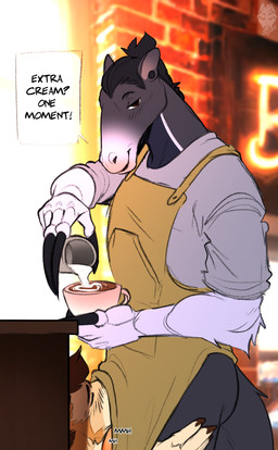 ambiguous_gender anthro apron barista beverage bottomless bottomless_anthro clothed clothing coffee coffee_art coffee_cup container creamer cup ear_piercing eyes_closed hair inside lidded_eyes looking_at_viewer male male/ambiguous onomatopoeia oral piercing sex shirt sound_effects speech_bubble stealth_sex tail talking_to_viewer text topwear under_table peyotethehyena antonio_fioravanti eddy_(edesk) anteater mammal pilosan xenarthran 2024 absurd_res digital_drawing_(artwork) digital_media_(artwork) hi_res nonbinary_(lore)