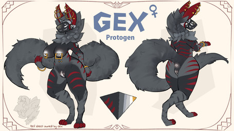 anthro anus butt ear_piercing female genitals glowing glowing_eyes glowing_genitalia glowing_vulva machine nipple_piercing nipples piercing solo striped_body stripes vulva kojisauce gex_(protogen) protogen 16:9 4k absurd_res hi_res model_sheet widescreen