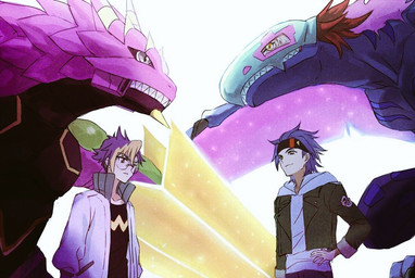 accessory anthro blue_hair duo eyewear facedown glasses group hair headband male multicolored_hair pink_body purple_body sharp_teeth teeth st14_kr010 bandai_namco digimon digimon_beatbreak raito_souda tomoro_tenma armalizamon digimon_(species) human mammal rhamphomon scalie