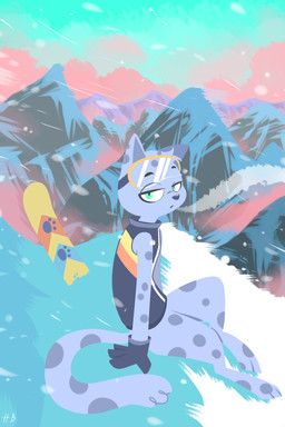 3_toes ambiguous_gender anthro barefoot blue_body blue_fur bottomless clothed clothing day detailed_background digitigrade eyewear eyewear_on_head feet fur gloves goggles goggles_on_head handwear looking_at_viewer markings mountain outside pupils sitting slit_pupils snow snowboard snowing solo spots spotted_body spotted_fur toes wind hydrabb bemani konami pop'n_music ollie_(pop'n_music) felid mammal pantherine snow_leopard 2020 2:3 absurd_res digital_media_(artwork) hi_res lineless