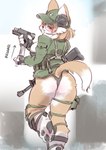 anthro armor assault_rifle big_butt bikini butt clothing electronics female fingerless_gloves gloves gun handgun handwear hat headgear headphones headwear pawpads pistol ranged_weapon reloading rifle shirt simple_background solo standing swimwear thick_thighs topwear two-piece_swimsuit unconvincing_armor weapon white_background wide_hips yazawaowl canid canine fox mammal hi_res