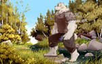 anthro barefoot feet forest hair male muscular muscular_male plant river solo tree white_hair rubberbark canid canine canis domestic_dog mammal 16:10 hi_res widescreen