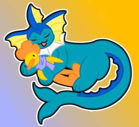 :3 anthro blue_body cuddling duo female feral long_tail male male/female scarf tail yellow_body duckydrawz nintendo pokemon ducky_(duckydrawz) anatid anseriform aquatic avian bird duck eeveelution fish generation_1_pokemon pokemon_(species) vaporeon