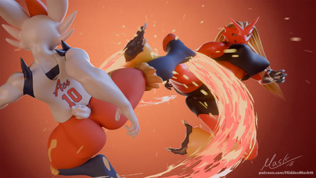 abs anthro big_breasts bottomwear breasts clothed clothing digitigrade feet female fight fire kick muscular shorts sparks talons text toes hiddenmask18 hiddenmask18_(modeler) nintendo pokemon avian blaziken cinderace generation_3_pokemon generation_8_pokemon lagomorph leporid mammal pokemon_(species) rabbit 16:9 3d_(artwork) blender_(artwork) digital_media_(artwork) hi_res url widescreen