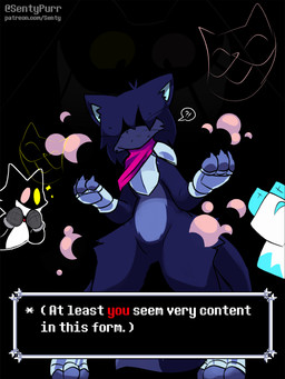 after_transformation alternate_species anthro armor black_background blue_body blue_fur bodily_fluids cheek_tuft claws clothing countershade_torso countershading cute_fangs dialogue facial_tuft fangs featureless_crotch finger_claws fingerless_gloves footwear fur furrification gloves hair hair_over_eyes handwear heterochromia hip_tuft interrobang pointy_ears prick_ears scarf simple_background smoke sparkles species_transformation speech_bubble standing sweat sweatdrop tail teeth text text_box toeless_footwear transformation tuft whiskers sentypurr deltarune undertale_(series) cat_mike_(deltarune) friend_(deltarune) kris_dreemurr mike_(deltarune) darkner domestic_cat felid feline felis mammal tasque 2025 3:4 artist_name english_text hi_res url