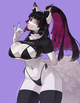 anthro arched_back bangs big_breasts big_tail bikini black_bikini black_choker black_clothing black_fingernails black_hair black_inner_ear_fluff black_jewelry black_legwear black_nails black_necklace black_shirt black_stockings black_swimwear black_thigh_highs black_topwear blunt_bangs breasts cheek_tuft chest_tuft choker closed_smile clothed clothing colored_nails crop_top curvy_figure eyeliner facial_tuft female female_anthro fingernails fluffy fluffy_tail fungus fur gesture hair hand_behind_back hand_gesture highleg highleg_bikini highleg_swimwear hime_cut hourglass_figure huge_breasts inner_ear_fluff jewelry legwear long_hair looking_at_viewer makeup monotone_background mouth_closed multicolored_ears multicolored_hair nails navel navel_barbell navel_piercing necklace piercing pointy_ears ponytail prick_ears purple_eyes purple_hair raised_hand shirt simple_background skimpy small_waist smile solo standing stockings straight_hair string_bikini swimwear tail text text_on_clothing text_on_shirt text_on_topwear thick_thighs thigh_highs three-quarter_view tied_bikini topwear tuft two-piece_swimsuit two_tone_ears two_tone_hair when_you_see_it white_body white_ears white_fur white_tail wide_hips zeminachan baiyu_(zeminachan) amphibian canid canine elemental_creature fox frog fungi_fauna mammal 2026 absurd_res artist_name colored digital_drawing_(artwork) digital_media_(artwork) hi_res portrait signature three-quarter_portrait