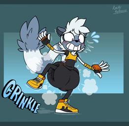 anthro bandage big_diaper blush clothed clothing crinkling crop_top diaper diaper_under_clothing embarrassed female fingerless_gloves fluffy fluffy_tail fur gloves grey_body grey_fur handwear head_tuft jumpsuit long_tail looking_down nervous nervous_smile off_balance one_leg_up poof_effect prehensile_tail purple_eyes raised_leg shake_lines shirt tail tail_tuft teeth topwear tuft wearing_diaper white_body white_fur poofbuttrocky idw_publishing sega sonic_the_hedgehog_(comics) sonic_the_hedgehog_(idw) sonic_the_hedgehog_(series) tangle_the_lemur lemur mammal primate strepsirrhine hi_res letterbox signature