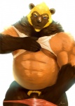 anthro belly biceps big_muscles black_nose blonde_hair blue_eyes claws clothed clothing facial_scar fangs fur genitals hair looking_at_viewer male musclegut muscular muscular_anthro muscular_male nipples overweight overweight_anthro overweight_male partially_clothed penis penis_base pubes raised_clothing raised_shirt raised_topwear scar shirt simple_background solo tank_top teeth topwear underwear underwear_down undressing yellow_body yellow_fur iceman1984 kuzuri gulonine mammal mustelid musteline wolverine 2012