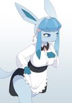 4_fingers accessory anthro big_ears blue_eyes blue_hair breasts clothing cuffs_(clothing) exposed_leg exposed_thighs eyelashes female fingers hair hair_accessory maid_uniform medium_breasts pensive solo tail uniform liteee nintendo pokemon eeveelution generation_4_pokemon glaceon pokemon_(species) hi_res