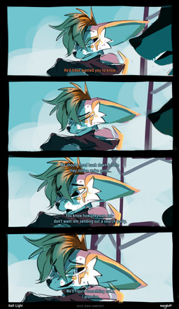 anthro blue_body blue_fur clothed clothing cybernetics dialogue duo fur heterochromia machine robot_eye simple_background solo_focus solo_in_panel text white_body white_fur noxybutt danir_arand kip_(noxy) canid canine felid feline fox hybrid mammal absurd_res comic english_text hi_res subtitled