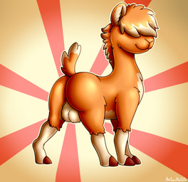 balls butt feral fur genitals hair hair_over_eyes hooves male pattern_background raised_tail simple_background smile solo tail text unguligrade anibaruthecat camelid llama mammal 2020 digital_media_(artwork) hi_res