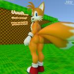 aged_up anthro biped blue_eyes butt clothing dialogue footwear fur looking_at_viewer male multi_tail orange_body orange_fur shoes solo tail text moorsheadfalling sega sonic_the_hedgehog_(series) miles_prower canid canine fox mammal 1:1 3d_(artwork) absurd_res digital_media_(artwork) english_text hi_res huge_filesize